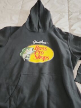 Bass Pro Shops Black Hoodie with Yellow Logo and Green Fish